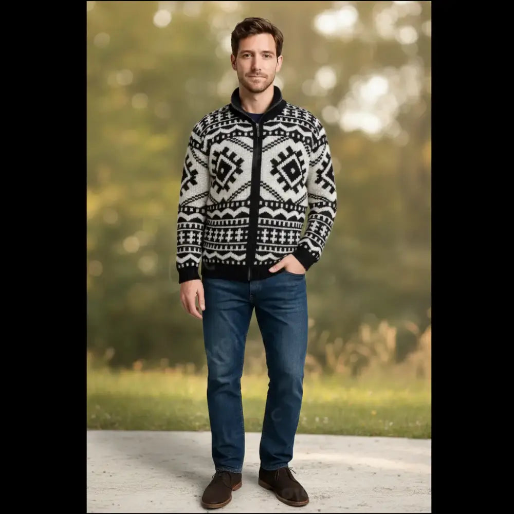 Men’s Rollneck Knit Cardigan – Chunky Sweater Jacket - Svart & Vit / M