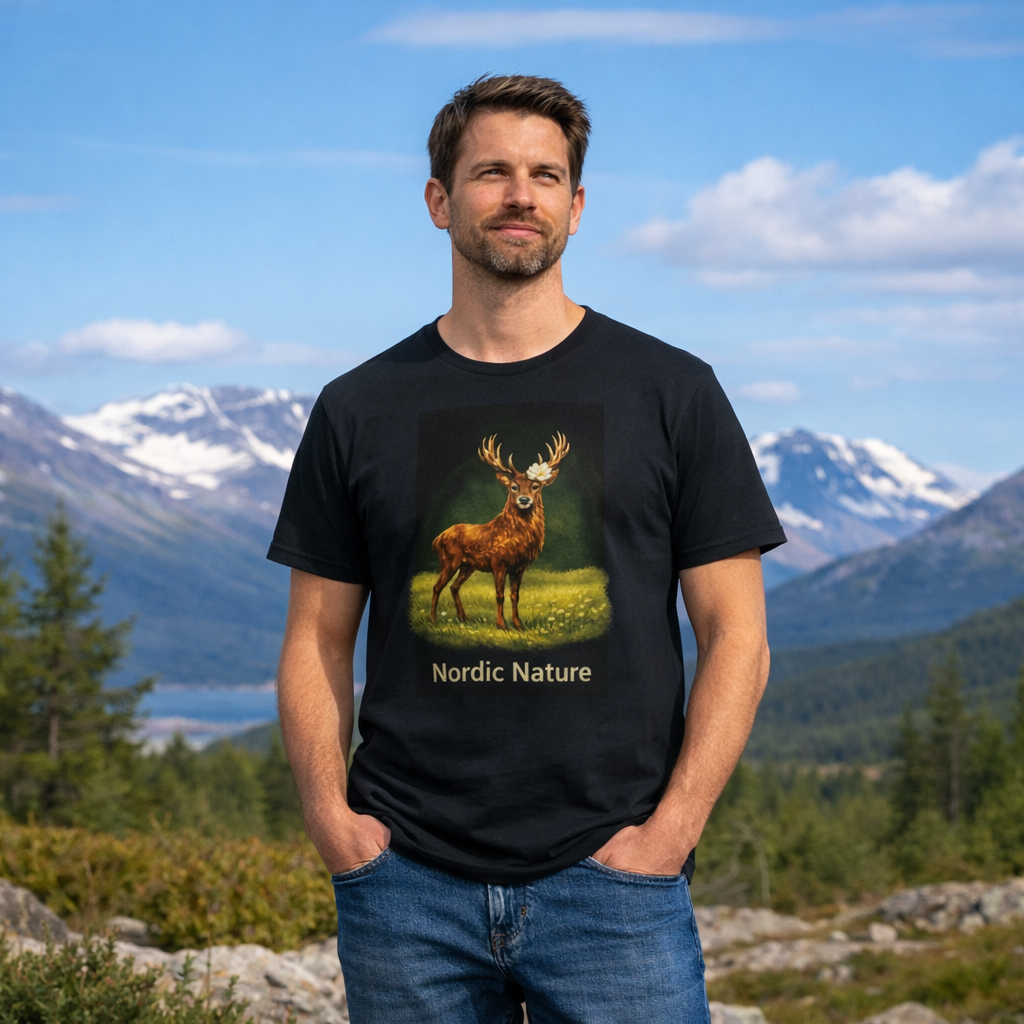 Nordic Nature T-shirt - Elegant Black Illustrated Cotton Tee