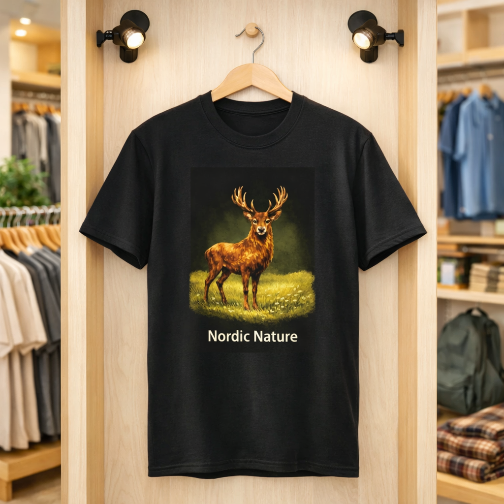 Nordic Nature T-shirt - Elegant Black Illustrated Cotton Tee