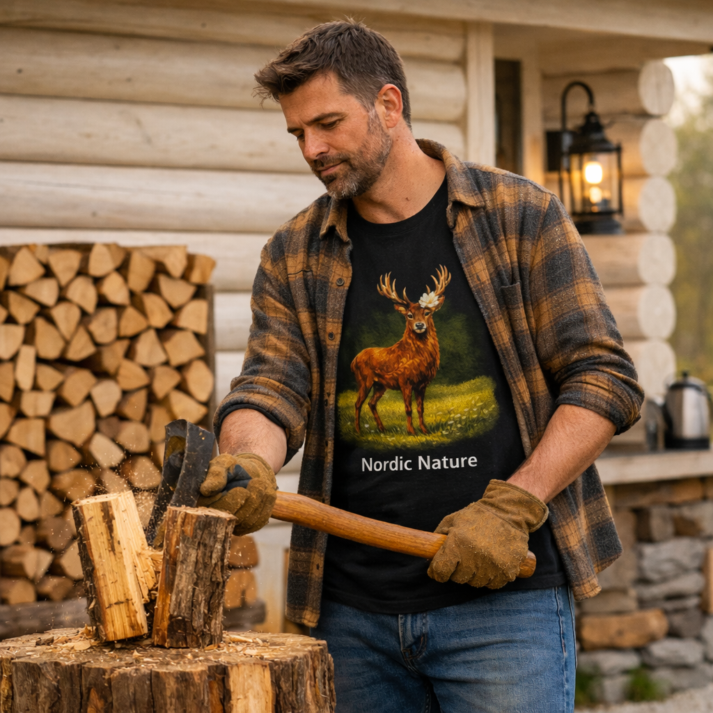 Man chopping wood wearing Nordic Nature T-shirt with deer design, in a cozy outdoor setting.