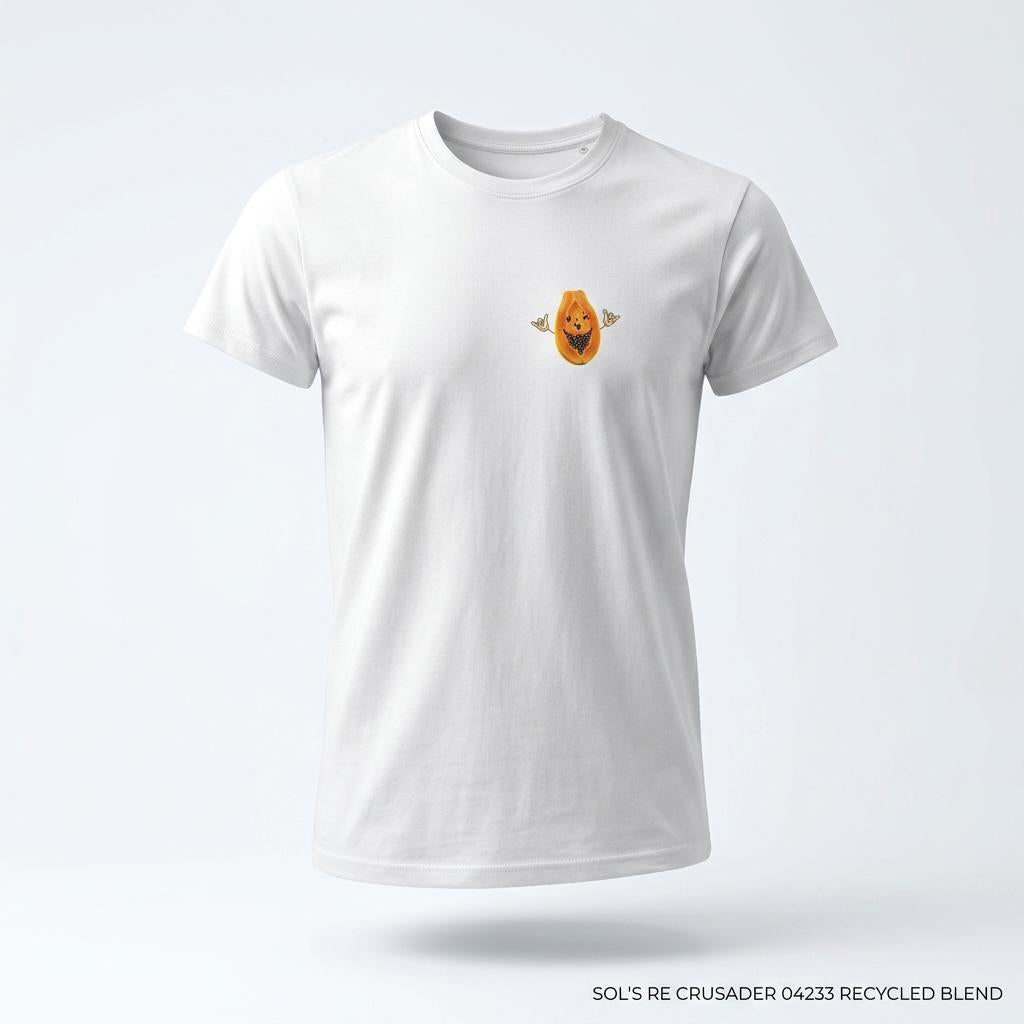 Sustainable Papaya Icon Crew Neck T-Shirt – Eco-Friendly Recycled Cotton Tee med papaya-tryck på bröstet.