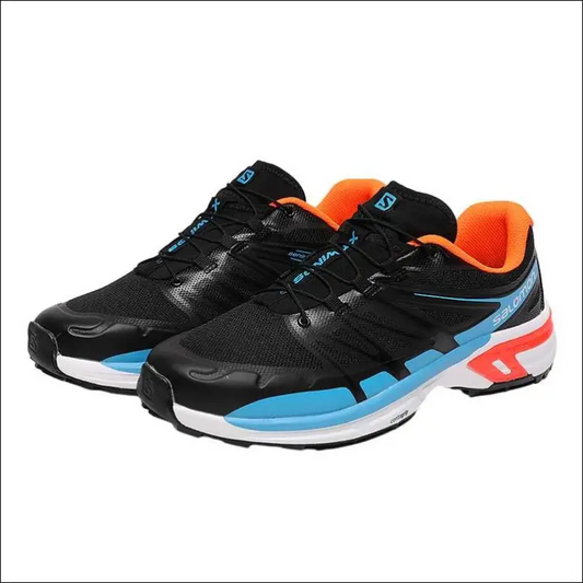 Salomon XT-Wings sneakers in black, blue, and orange for trail running and outdoor activities.