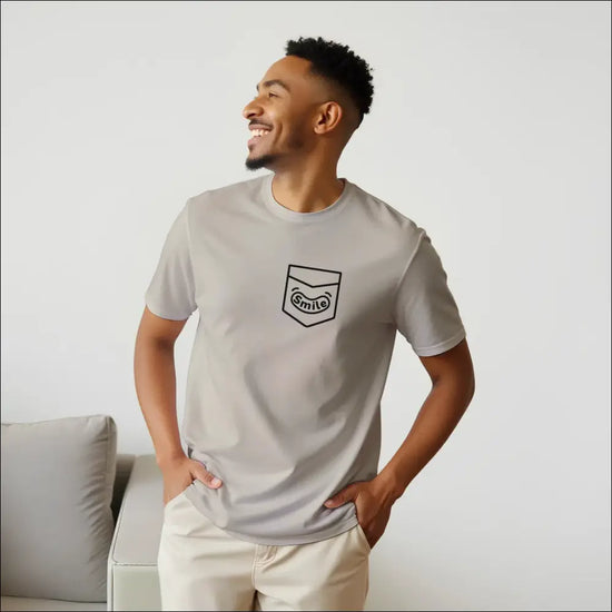 Smiling Pocket Classic Unisex Crewneck T-shirt | Premium Cotton Blend for DTG Printing in grey with pocket design.