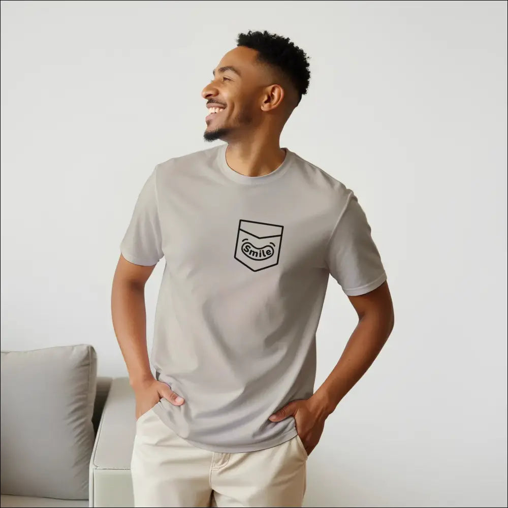 Smiling Pocket Classic Unisex Crewneck T-shirt | Premium Cotton Blend for DTG Printing in grey with pocket design.