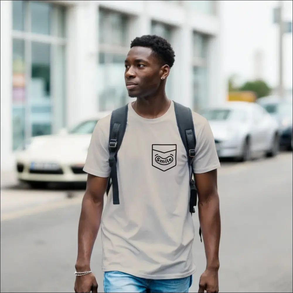 Smiling Pocket Classic Unisex Crewneck T-shirt | Premium Cotton Blend for DTG Printing worn by a man walking in the city