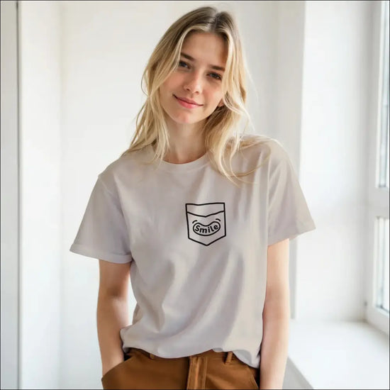 Smiling Pocket Classic Unisex Crewneck T-shirt | Premium Cotton Blend for DTG Printing worn by a smiling woman.