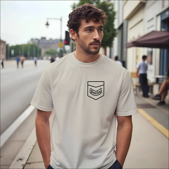 Smiling Pocket Classic Unisex Crewneck T-shirt | Premium Cotton Blend for DTG Printing worn by a man outdoors.