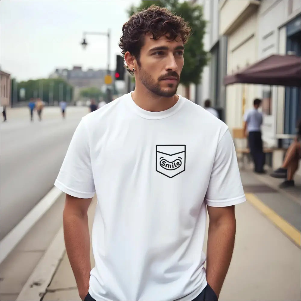 Smiling Pocket Classic Unisex Crewneck T-shirt | Premium Cotton Blend for DTG Printing model wearing in urban setting.