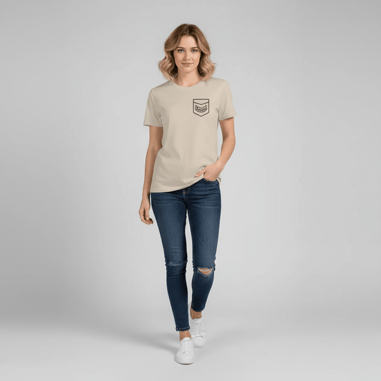Smiling Pocket Classic unisex crewneck t-shirt in premium cotton worn by a woman with casual style.