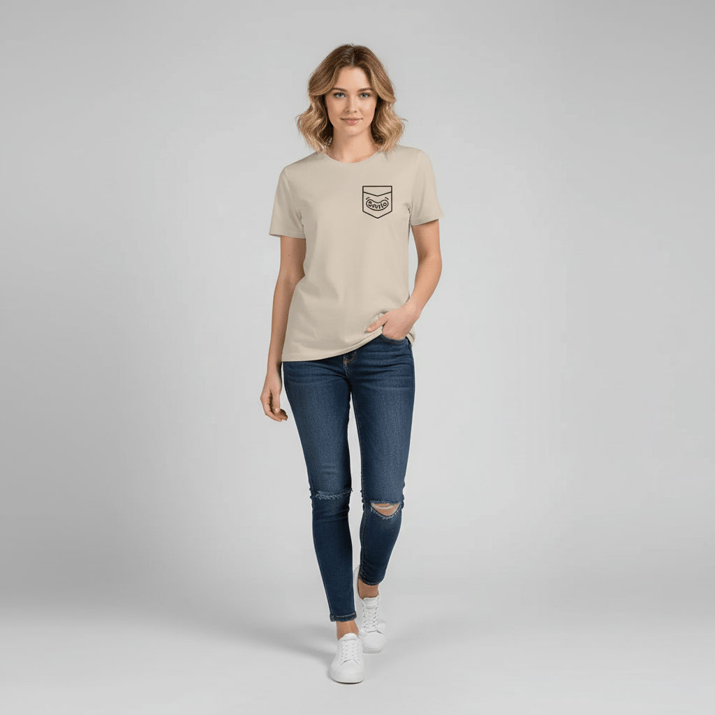 Smiling Pocket Classic unisex crewneck t-shirt in premium cotton worn by a woman with casual style.