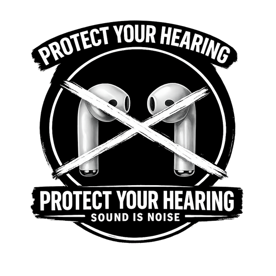 Illustration av hörlurar med texten Protect Your Hearing Tee – Sound Is Noise som uppmanar till att skydda hörseln.
