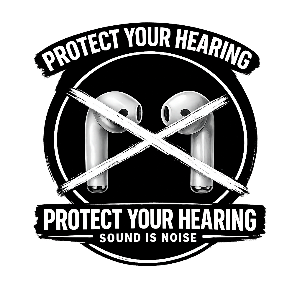 Illustration av hörlurar med texten Protect Your Hearing Tee – Sound Is Noise som uppmanar till att skydda hörseln.