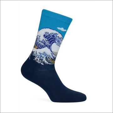 The Great Wave Socks featuring Hokusai’s iconic wave design for men and women in one size.