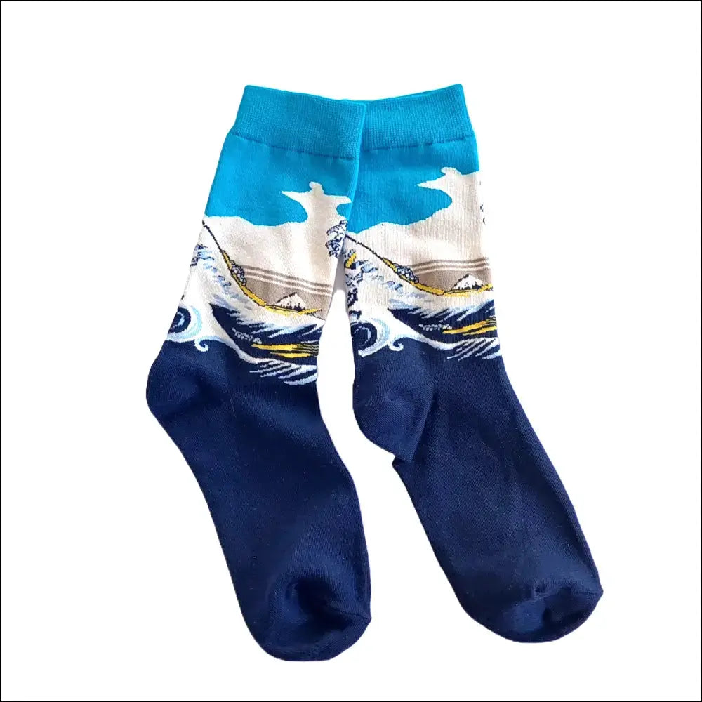 The Great Wave Socks featuring Hokusai's iconic art, stylish and suitable for both men and women, one size.