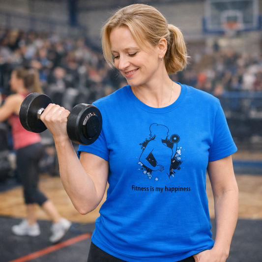 Dam i blå träningströja med texten 'Fitness is my happiness', uttrycker styrkan och glädjen i träning.