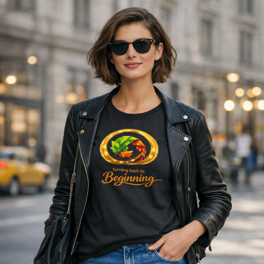 Turning Leaf T-Shirt med origami motiv och glödande ring, tjej i svart t-shirt med läderjacka.