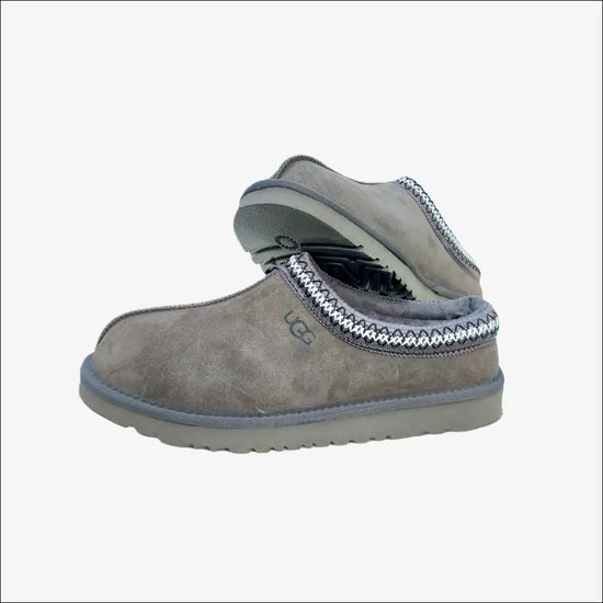 Ugg Tasman II Slipper Mole – comfy and stylish mole gray slippers side view with decorative trim.