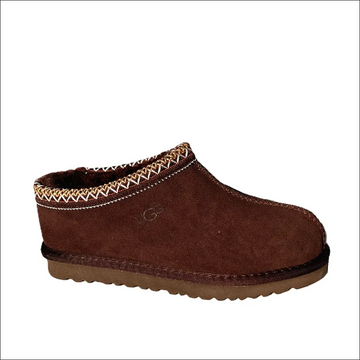 Ugg Tasman Bruna slippers in Dusted Cocoa color with decorative stitching and warm lining.