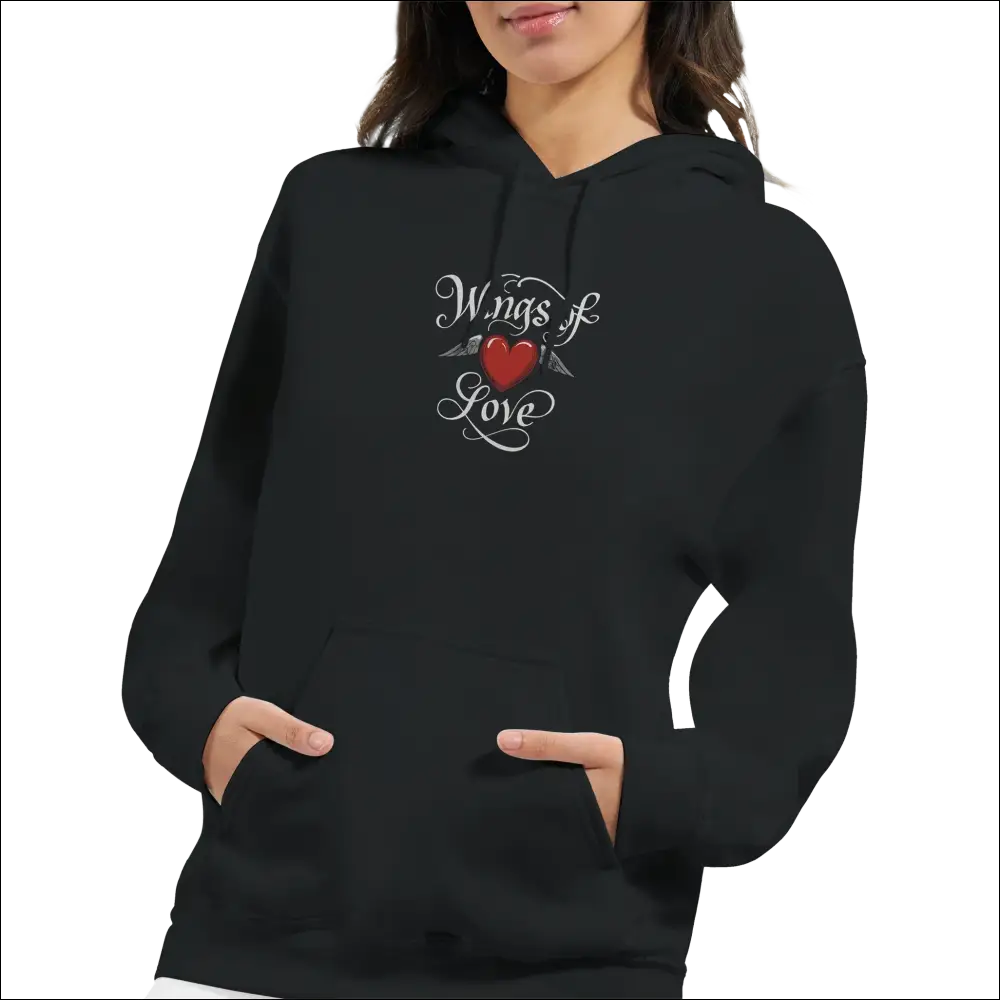 Wings of Love Pullover Hoodie – Premium bomull/polyester‑mix med design i svart och röd kärlekssymbol.