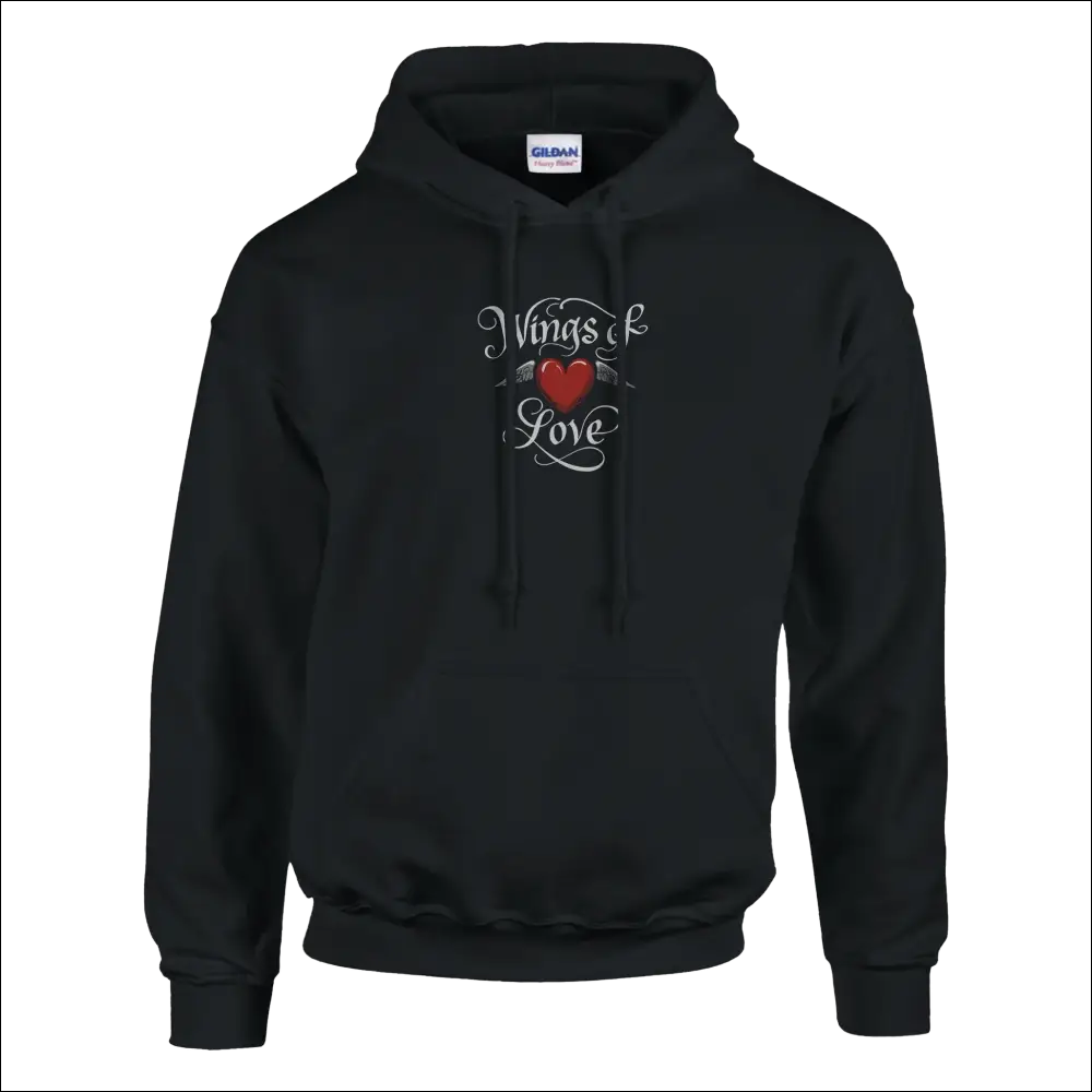 Wings of Love Pullover Hoodie – Premium bomull/polyester‑mix, svart med mönster av hjärta och text.