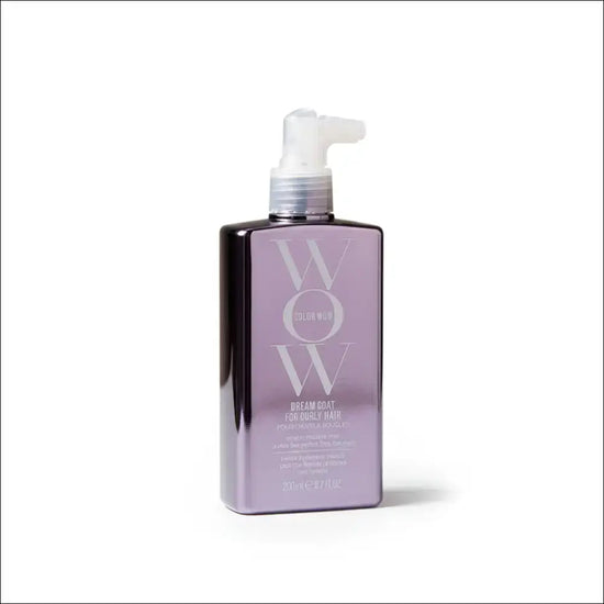 WOW Dream Coat for Curly Hair – anti-frizz spray i grårosa flaska med silkeslen finish för glansigt hår.